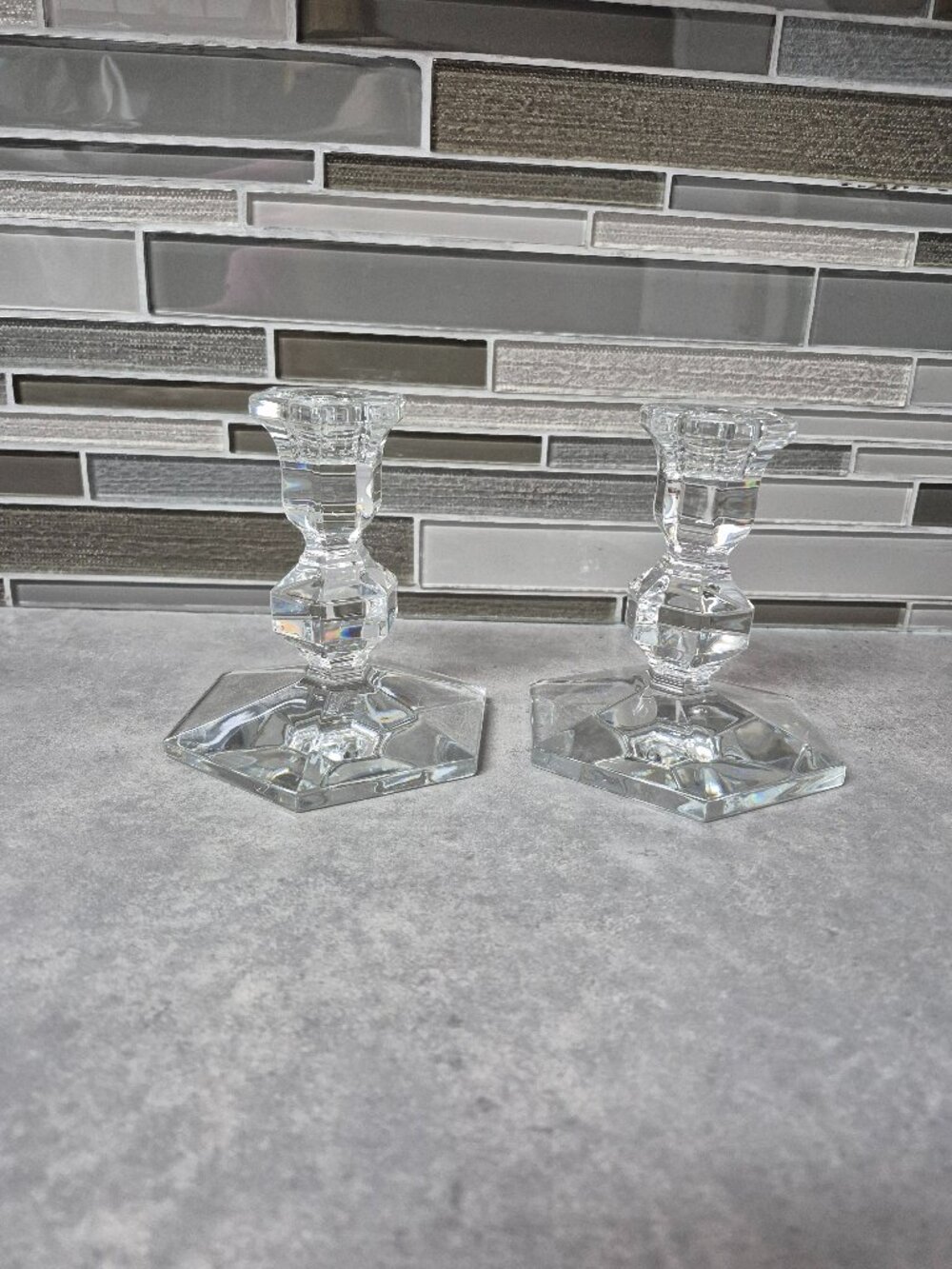 Val St. Lambert Crystal Candlesticks Gardenia Short Set 5" MCM
